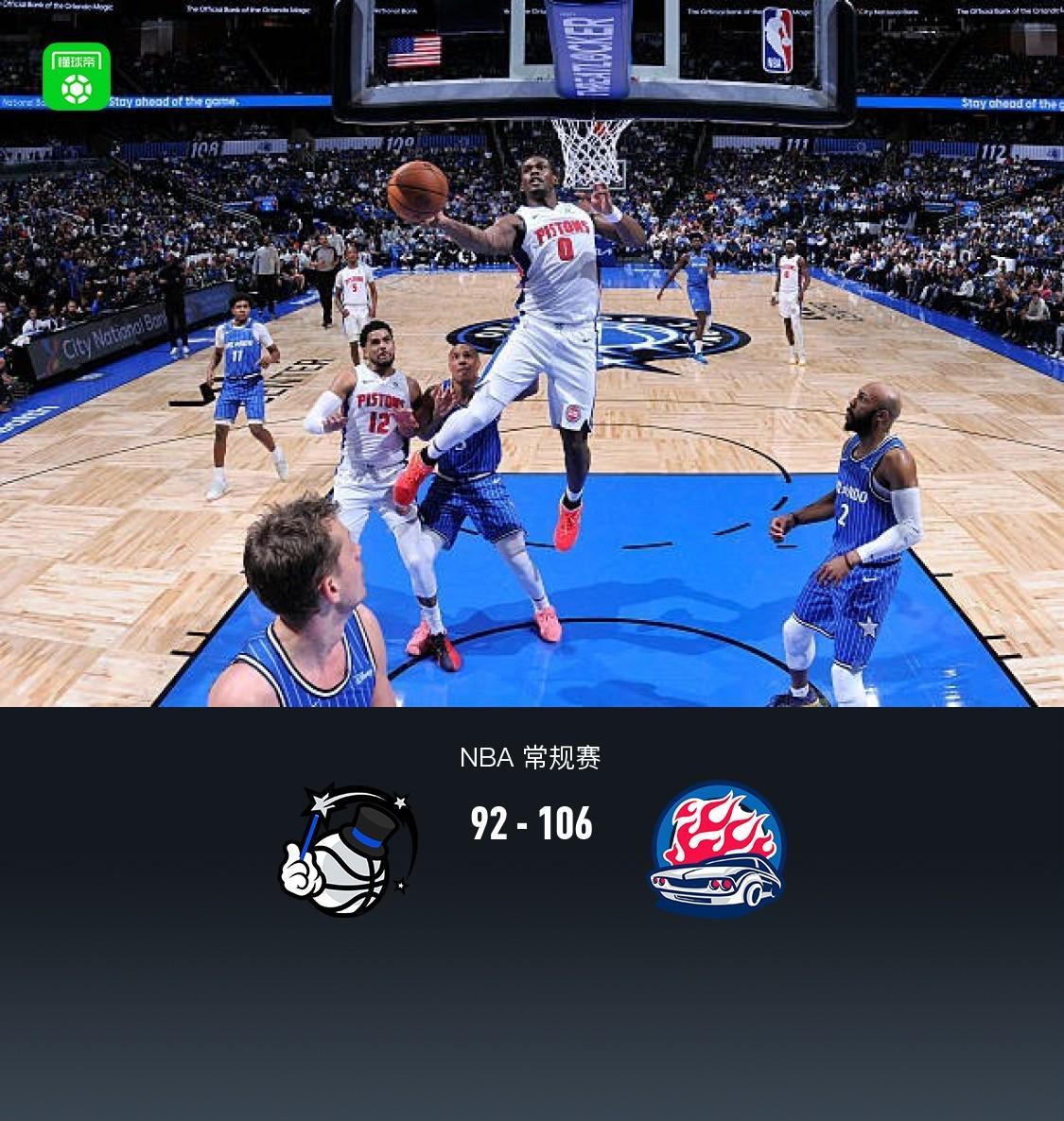 活塞106-92战胜魔术，坎宁安29+7+11，哈里斯23+7，班凯罗24+11